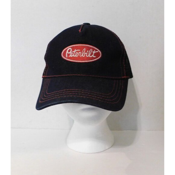 Peterbilt Denim Ball Cap Mens Dark Blue Red Stitching Adj Snap Back Trucker Hat - Picture 2 of 8